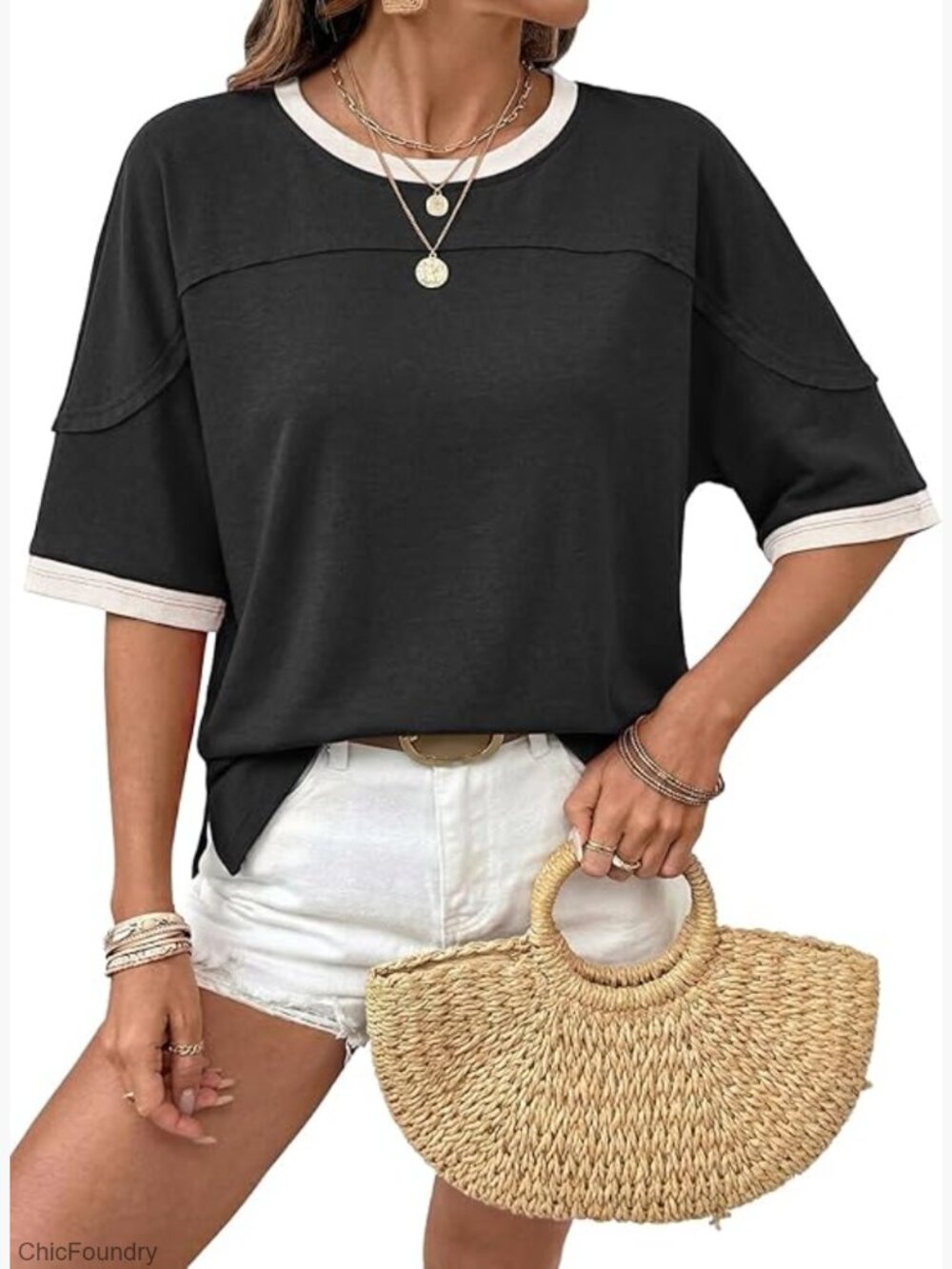 Oversized Crewneck Tee with Side Slits, Loose Fit Summer Top